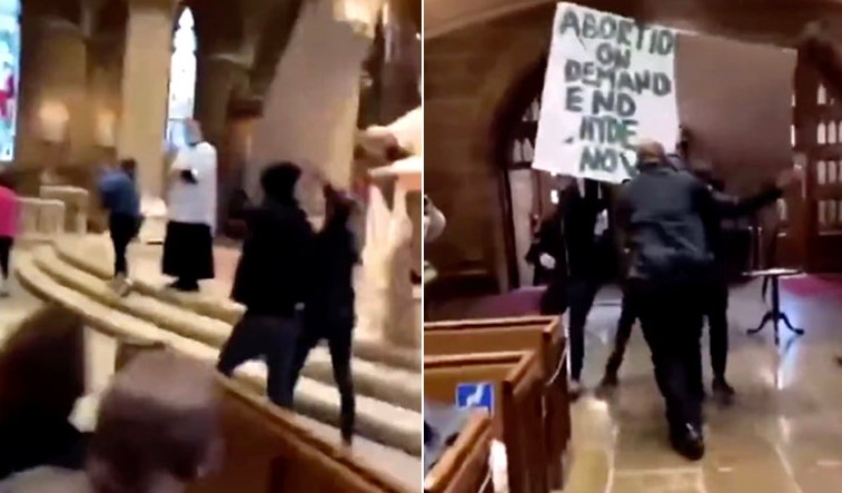 Grupo pró-aborto vandalizando igreja