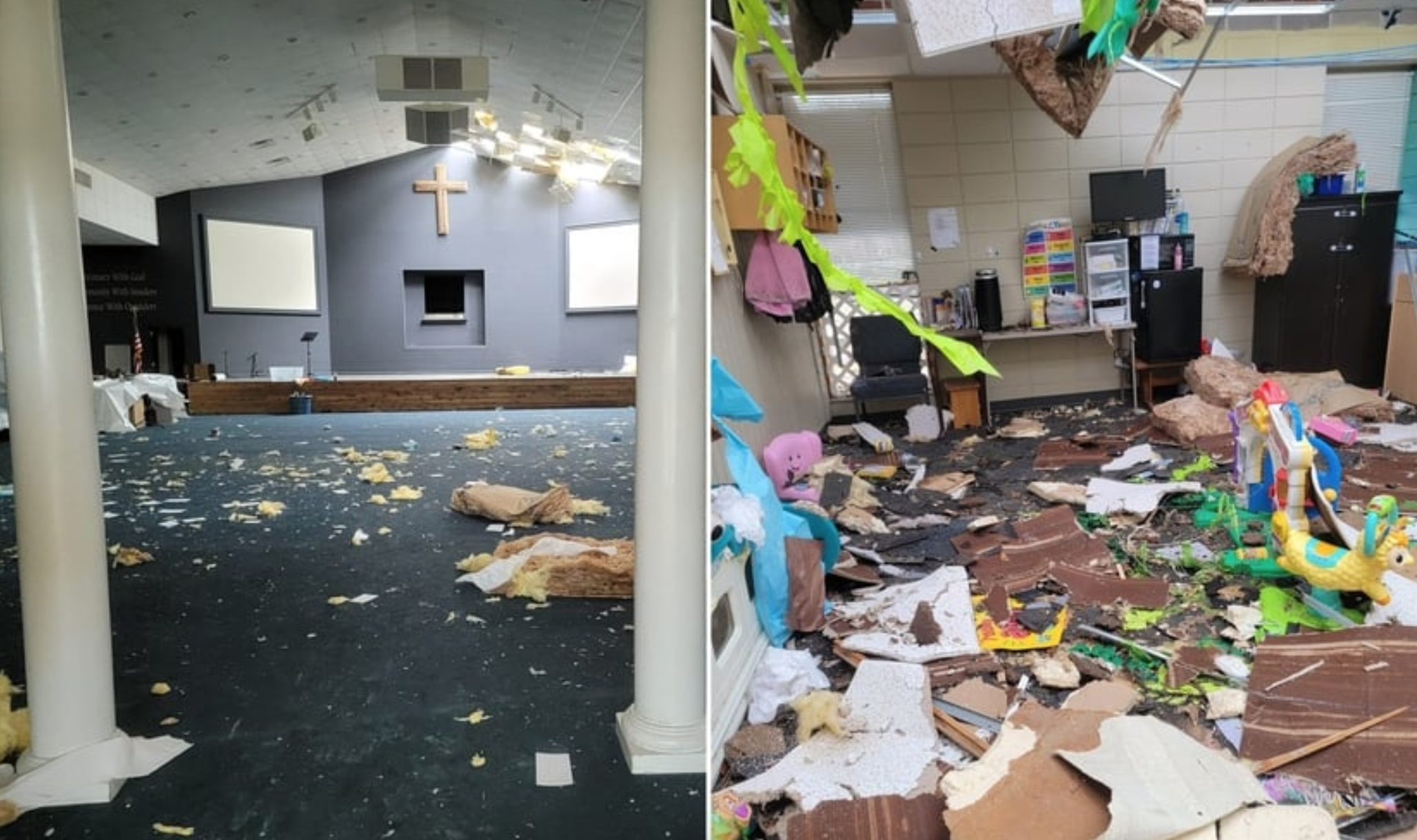 Igreja parcealmente destruída pelo tornado
